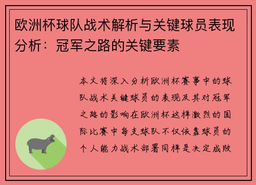 欧洲杯球队战术解析与关键球员表现分析：冠军之路的关键要素