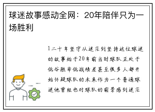 球迷故事感动全网：20年陪伴只为一场胜利